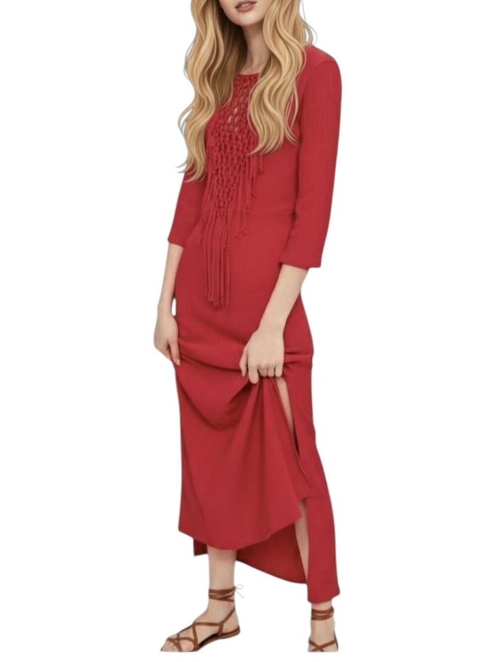Zara Red Knotted Crochet Neck Maxi Dress Column Long Sleeve Small